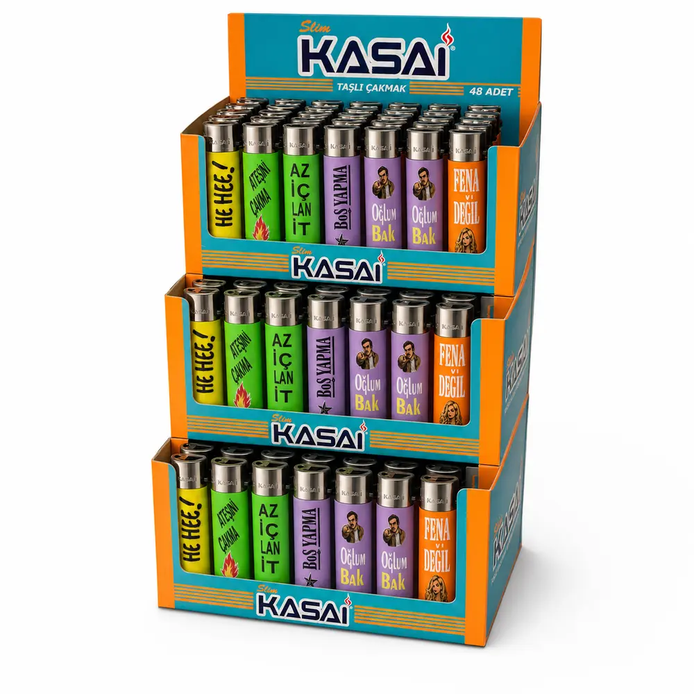 Kasai Slim Renkli Yazılı Taşlı Çakmak 48'li