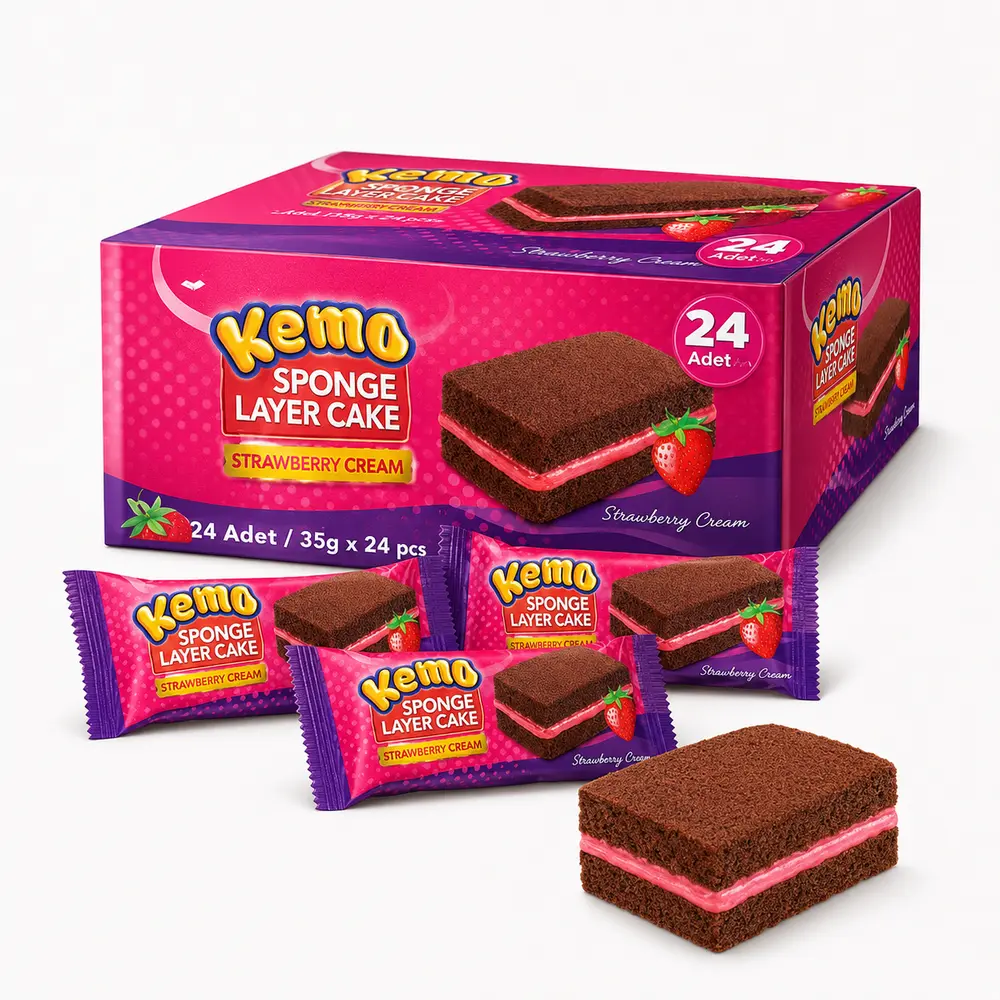 KEMO Sponge Layer Çilek Kremalı Kakaolu İki Katlı Kek 35 g x 24