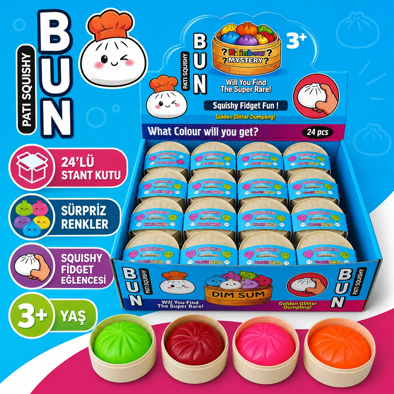 Bun Pati Squishy Sürpriz Renkli Fidget Çin Mantısı 24'lü Stant Kutu 3+ Yaş