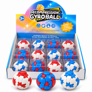 Gyroball dönen dişli stres topları, 12'li stant kutu ve kırmızı-beyaz, mavi-beyaz, mavi-kırmızı renk örnekleri