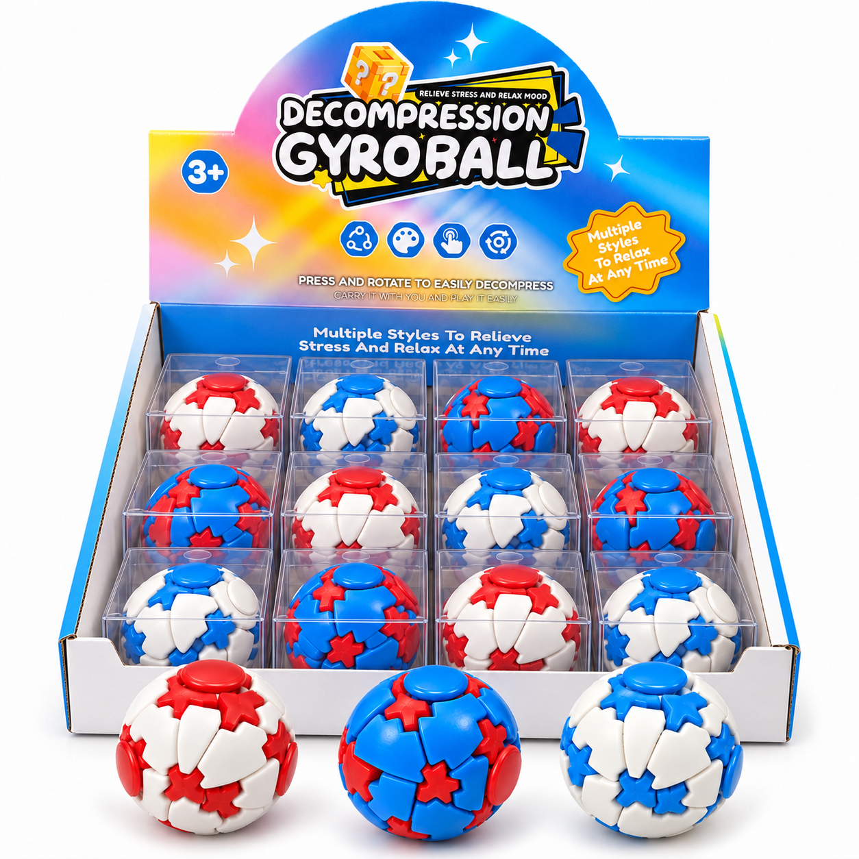 Gyroball dönen dişli stres topları, 12'li stant kutu ve kırmızı-beyaz, mavi-beyaz, mavi-kırmızı renk örnekleri